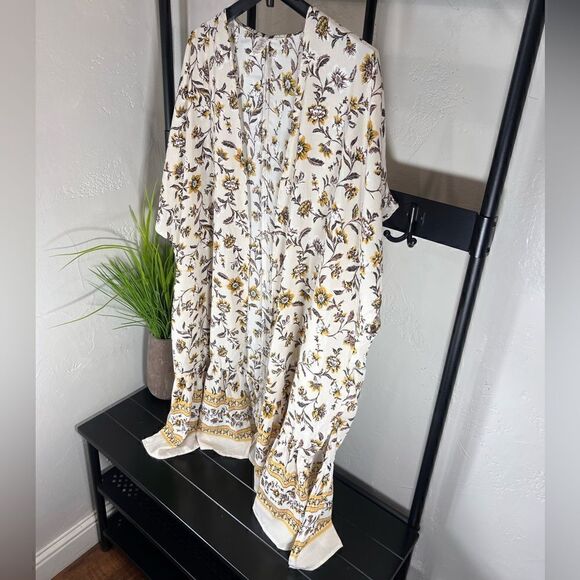 kimono cream brown golden floral cardigan duster size S/M - Picture 7 of 13